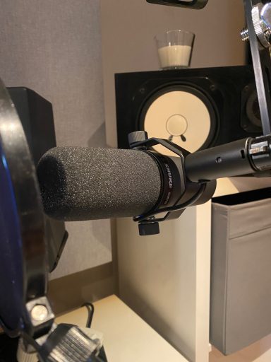 Schwarzes Mikrofon Shure SM7B an einem Stativ, mit Lautsprechern im Hintergrund.